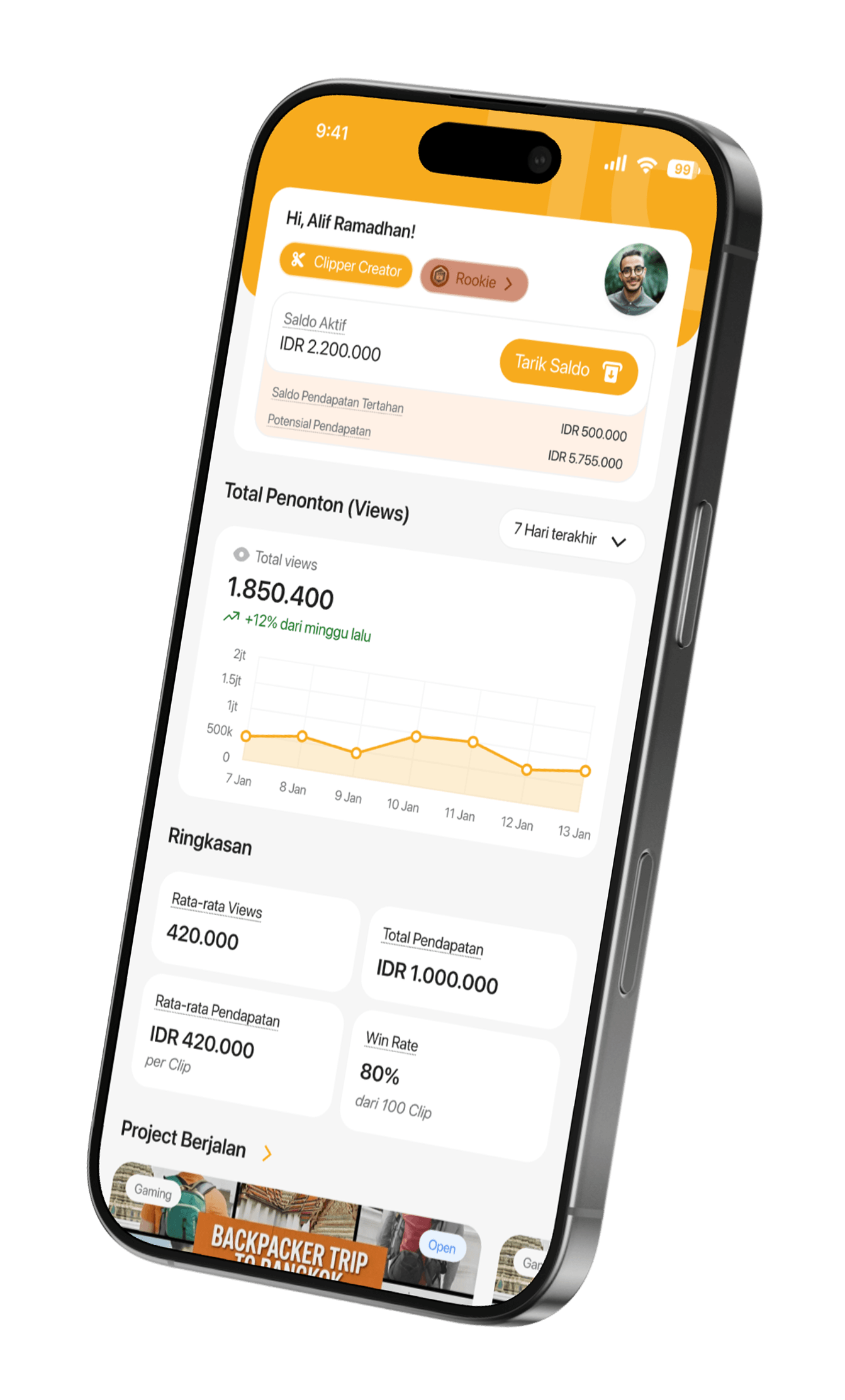 Dashboard TokoClippers di aplikasi mobile